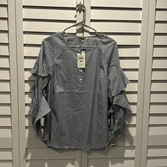 7 for All Mankind NWT Stripes Ruffle long sleeves blouse in Cotton/Nylon/Spandex - Picture 1 of 12